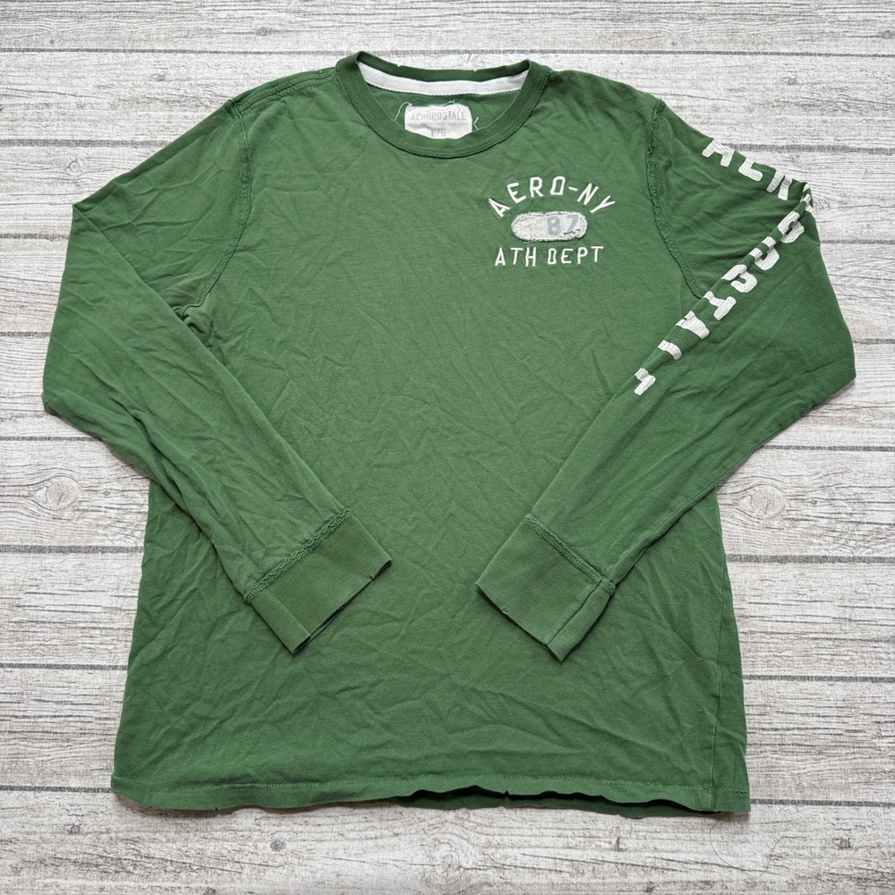 Y2K Aeropostale Shirt Men's Large Green Cotton Relaxed Fit Long Sleeve Athletic